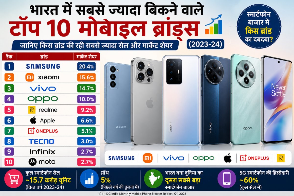 भारत में सबसे ज्यादा बिकने वाले टॉप 10 मोबाइल ब्रांड्स (2023-24)